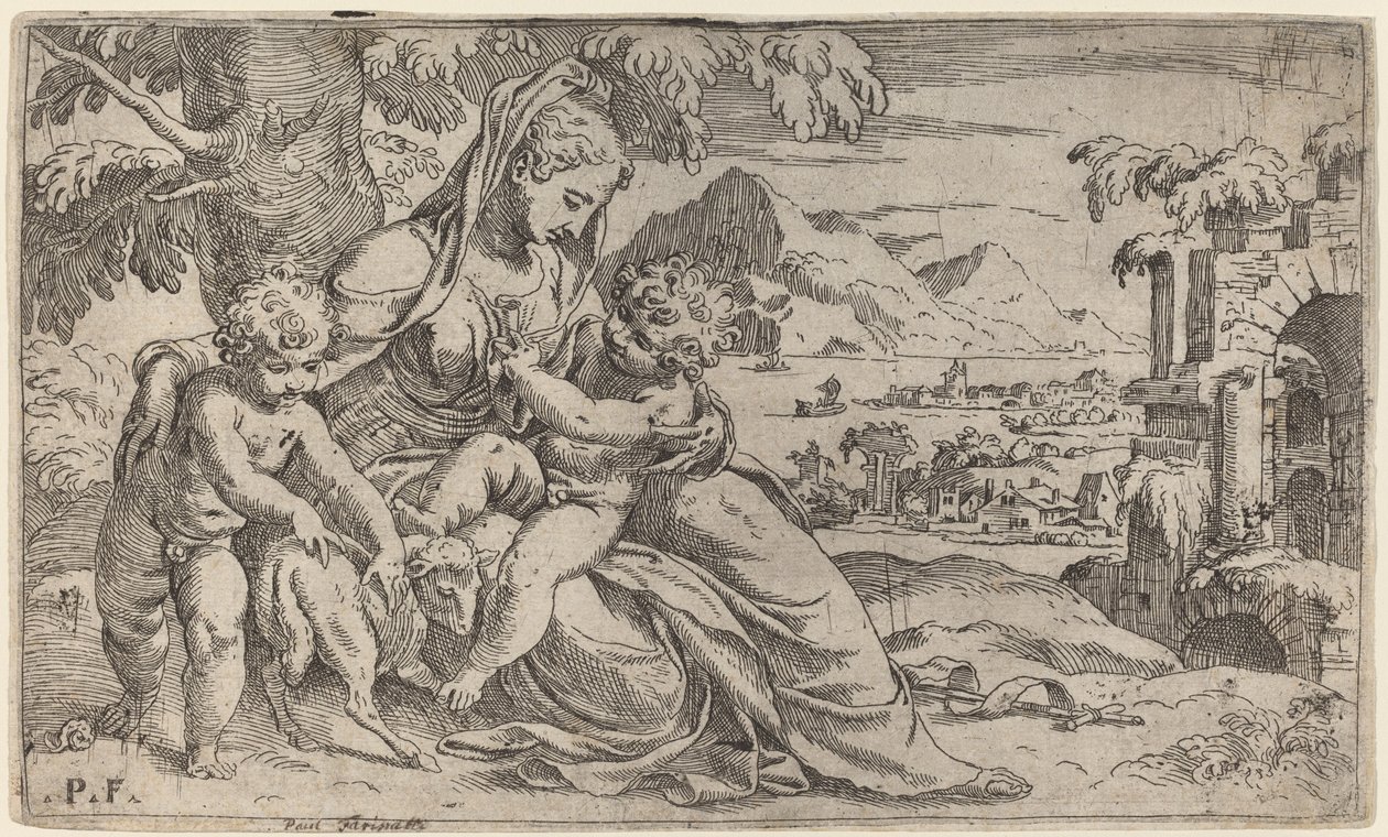 Madonna og barn med Johannes Døberen af Orazio Farinati after Paolo Farinati