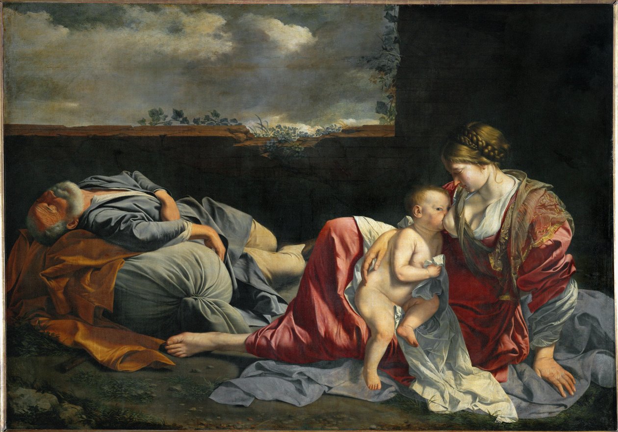 Den hellige familie i hvile under flugten til Egypten ... af Orazio Gentileschi