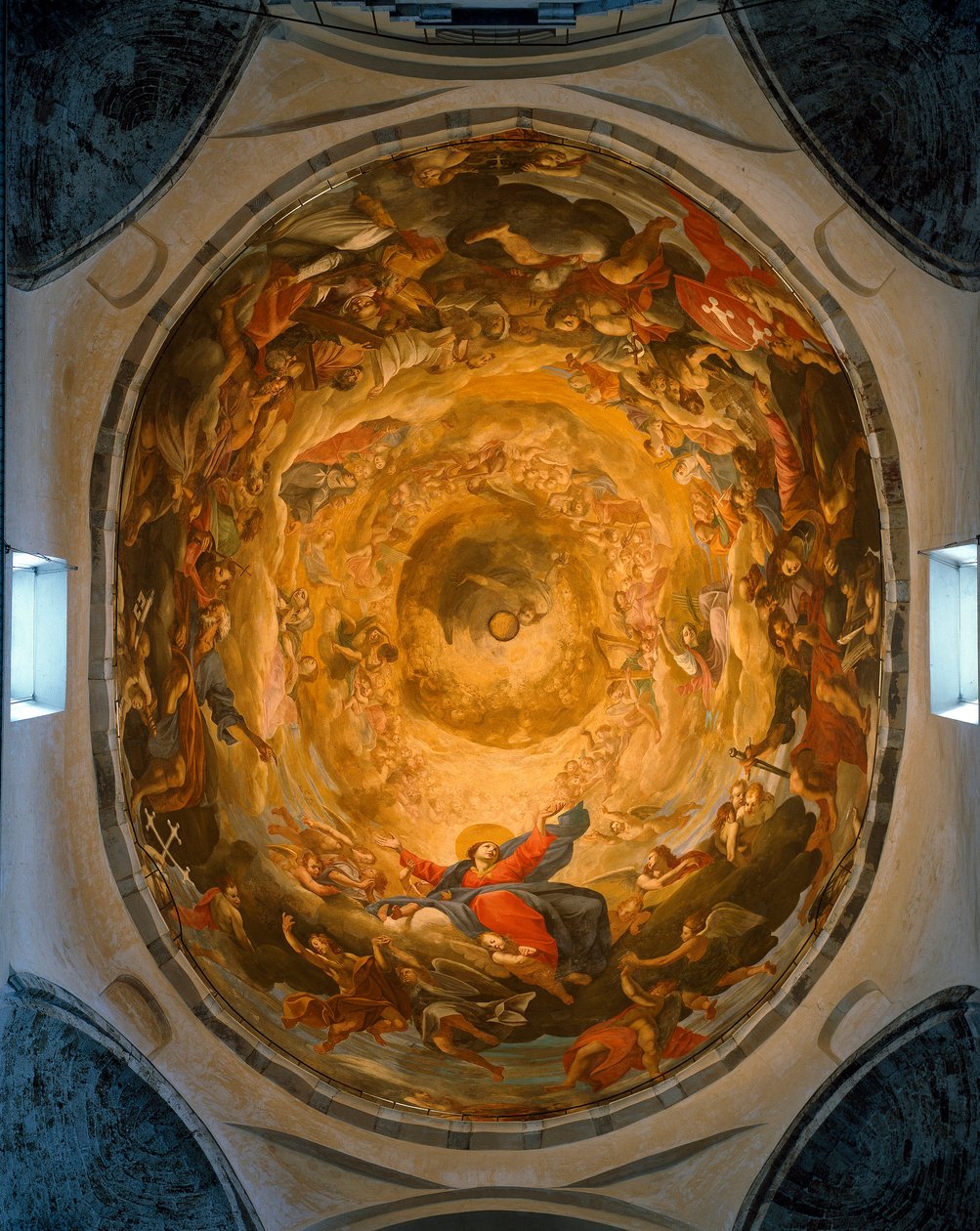 Indvendig udsigt af kuplen. Fresko af Jomfruens himmelfart af Orazio og Girolamo Riminaldi (1600-tallet) af Orazio Riminaldi