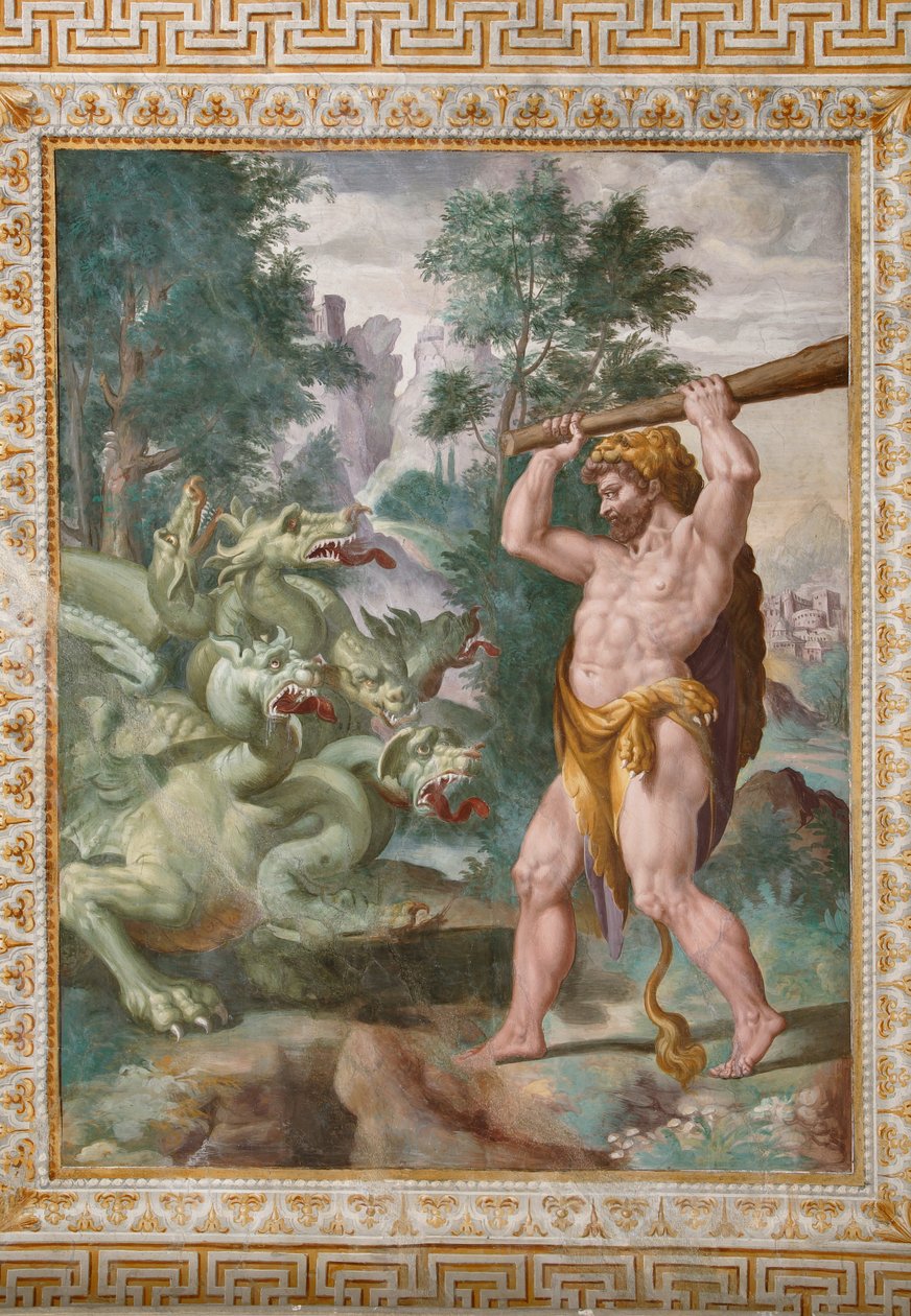 Hercules, der kæmper mod Lernaean Hydra, detaljer fra Historierne om Hercules af Orazio Samacchini