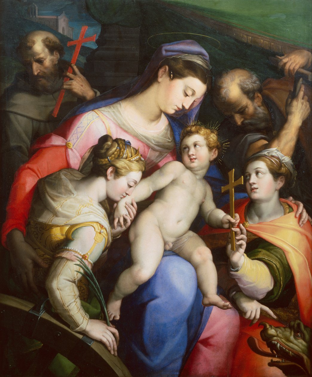 Den hellige familie med de hellige Margaret, Catherine og Francis (olie) af Orazio Samacchini