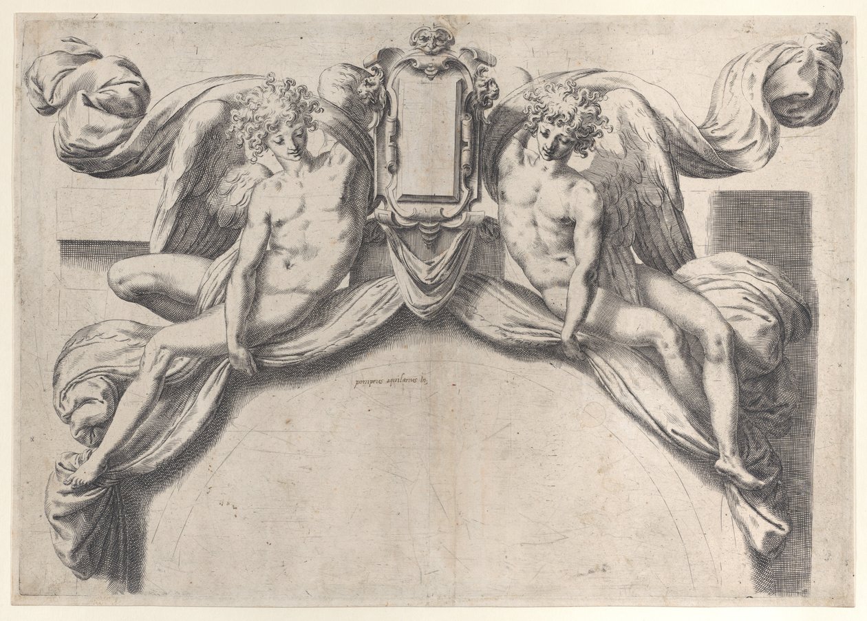 To engle, der understøtter en kartouche eller skjold, 1568-77., 1568-77. af Orazio de Sanctis