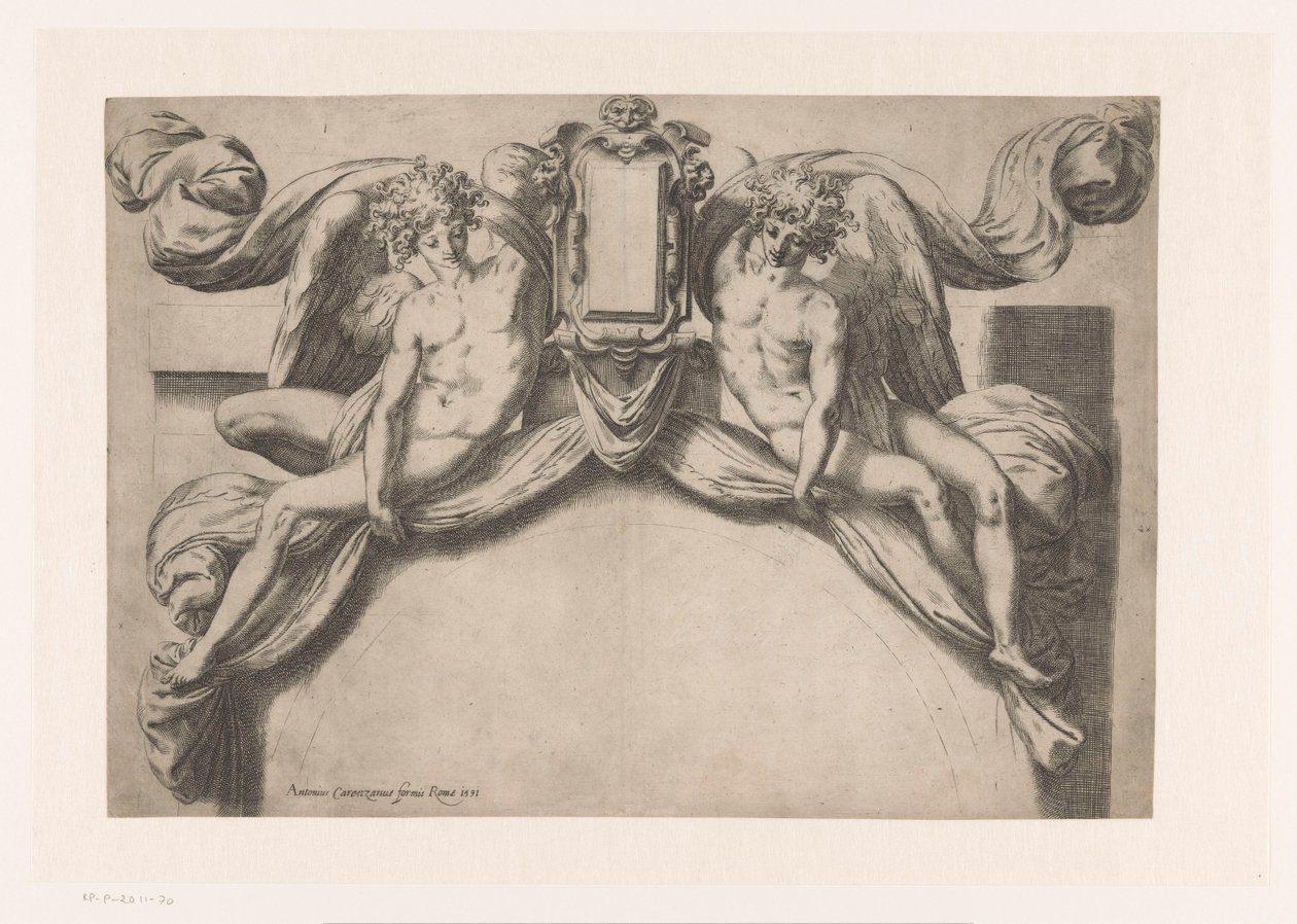 Design til en dørkarm med to genii, der holder cartouche op af Orazio de Santis (attributed to)
