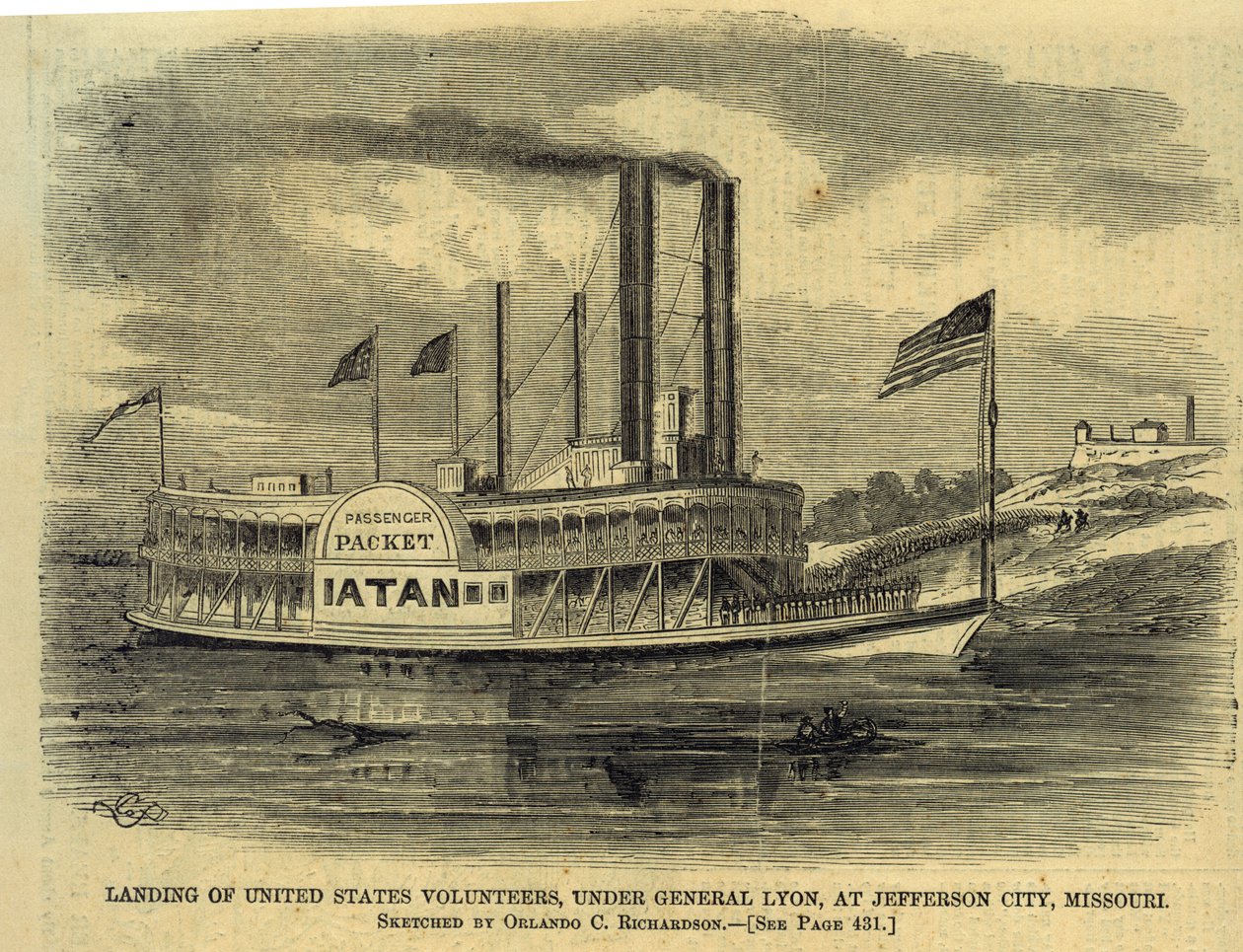 Landing af amerikanske frivillige, under general Lyon, i Jefferson City, Missouri. af Orlando C. Richardson