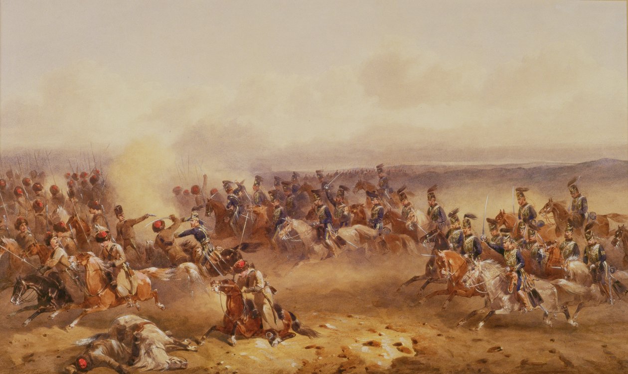 En eskadron af 10. husarer besejrer russerne ved Tchernaya, 16. august 1855, ca.1890 af Orlando Norie