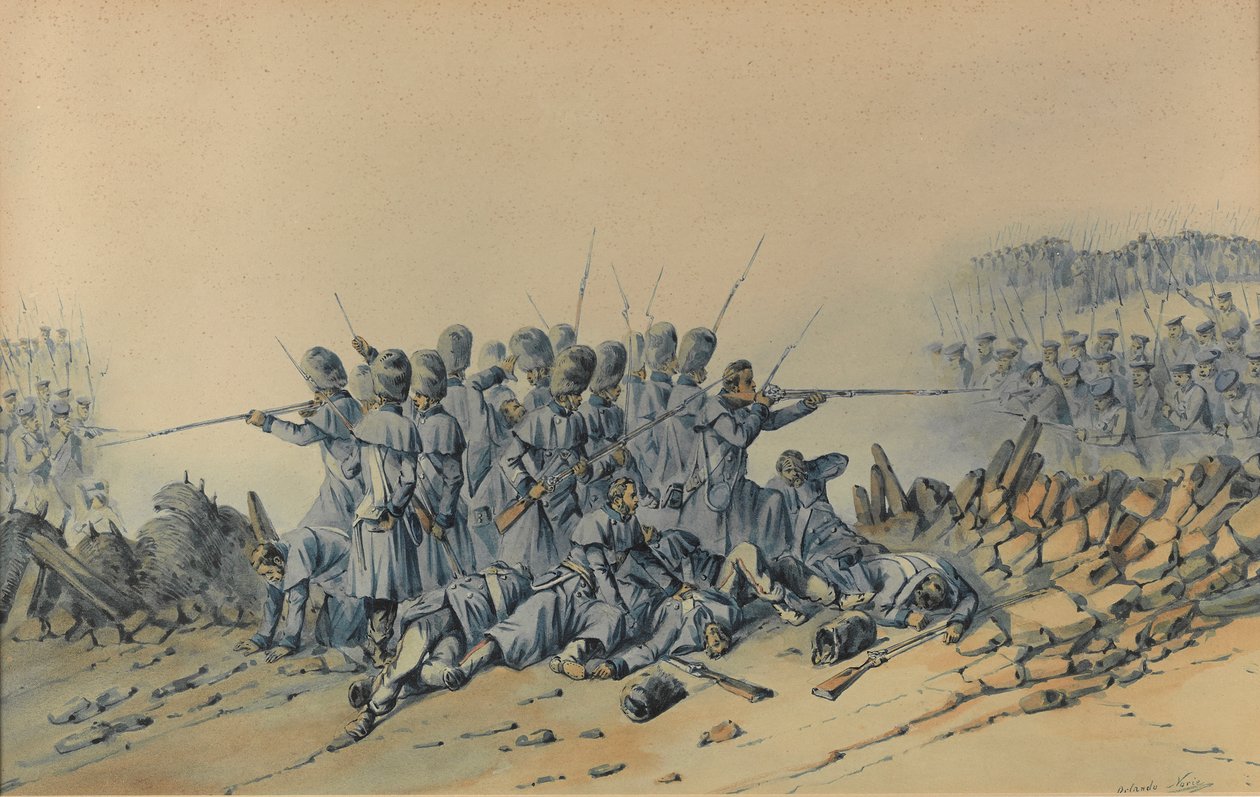 Last Stand of the Guards at the Sandbag Redout (akvarel på papir) af Orlando Norie