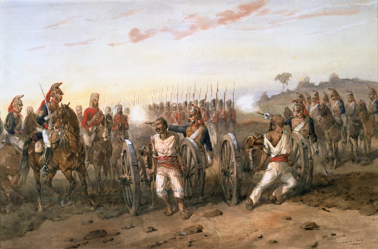 Mutinere, der er ved at blive sprængt fra kanoner af Bengal Horse Artillery, c.1858 (akvarel på papir) af Orlando Norie