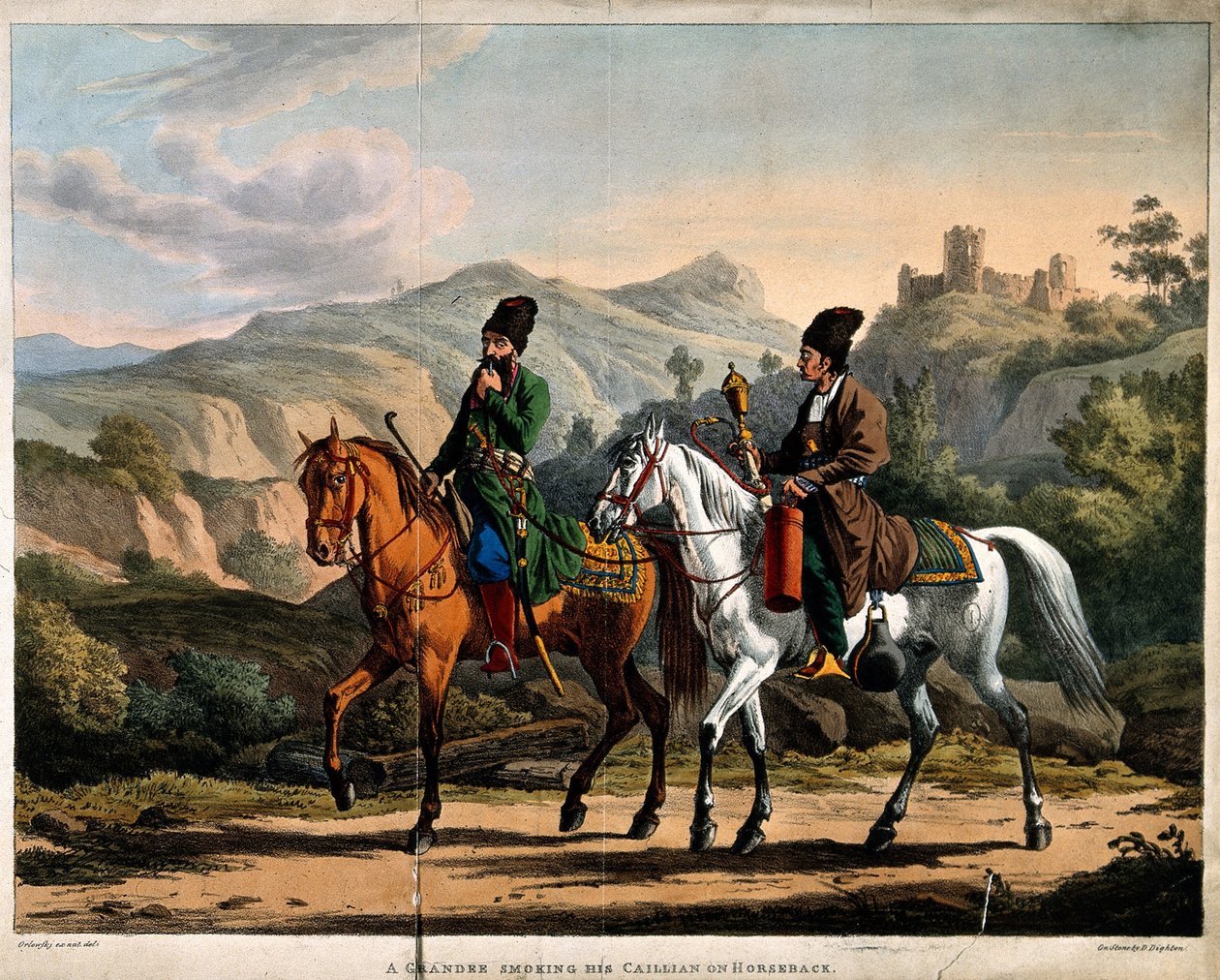 Perser ryger vandpibe på hesteryg, ca 1820 af Orlowski