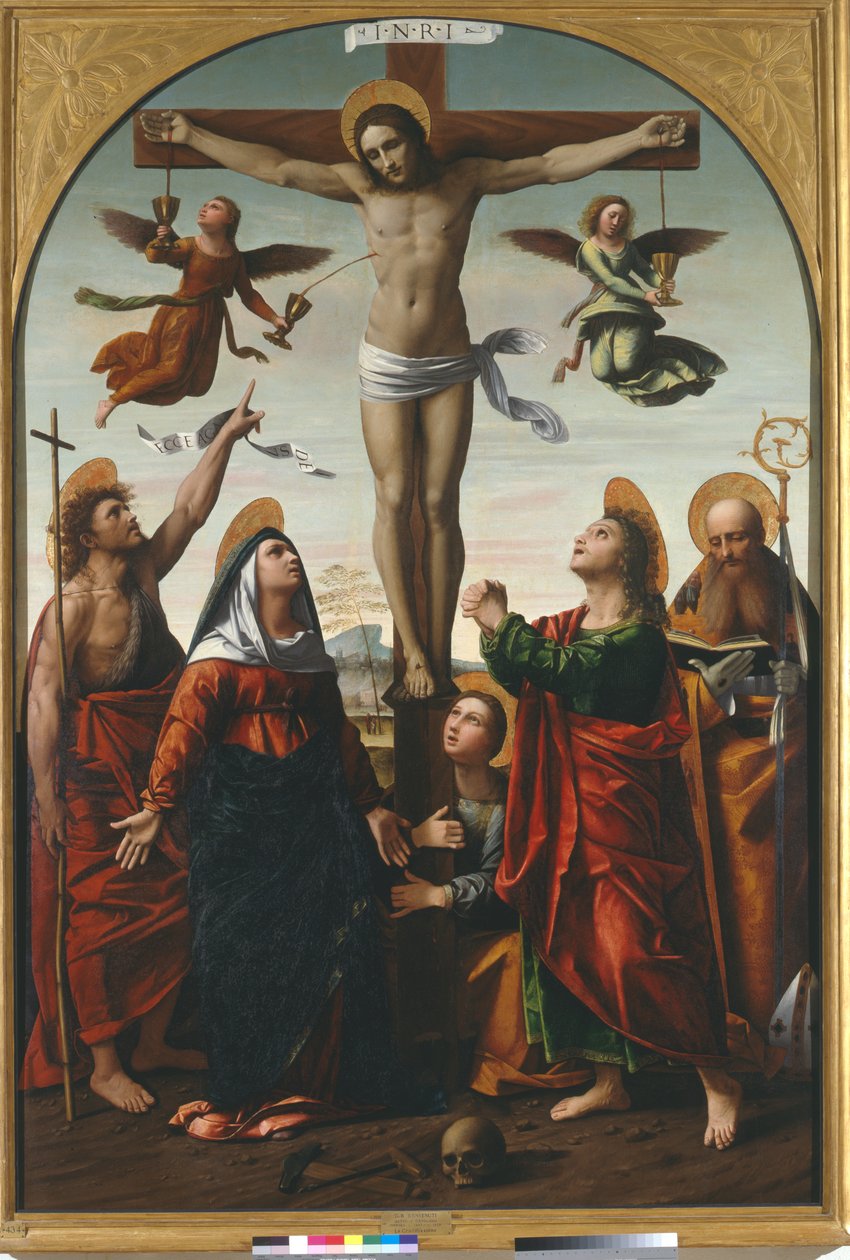 Korsfæstelse med Jomfruen og Johannes Døberen, Sankt Maria Magdalena, Sankt Johannes Evangelisten og Sankt Augustin af Ortolano