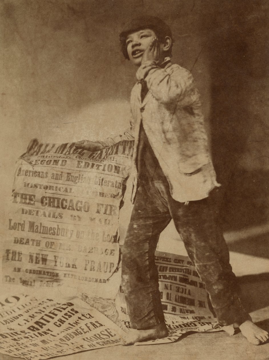Stillet billede af en avisdreng, der råber nyheden om Chicago-branden i 1871, 1871 af Oscar Gustav Rejlander