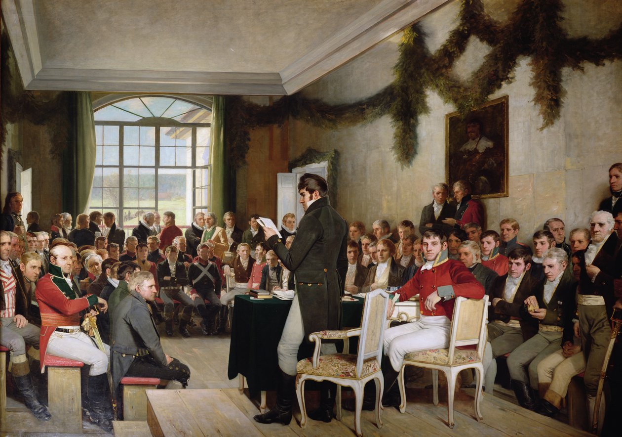 Nationalforsamlingen i Eidsvoll, der passerede den norske forfatning i 1814 af Oscar Arnold Wergeland