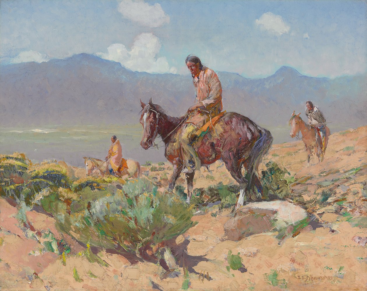 Indianere til hest (Sommerjagt) (olie på lærred) af Oscar Edward Berninghaus