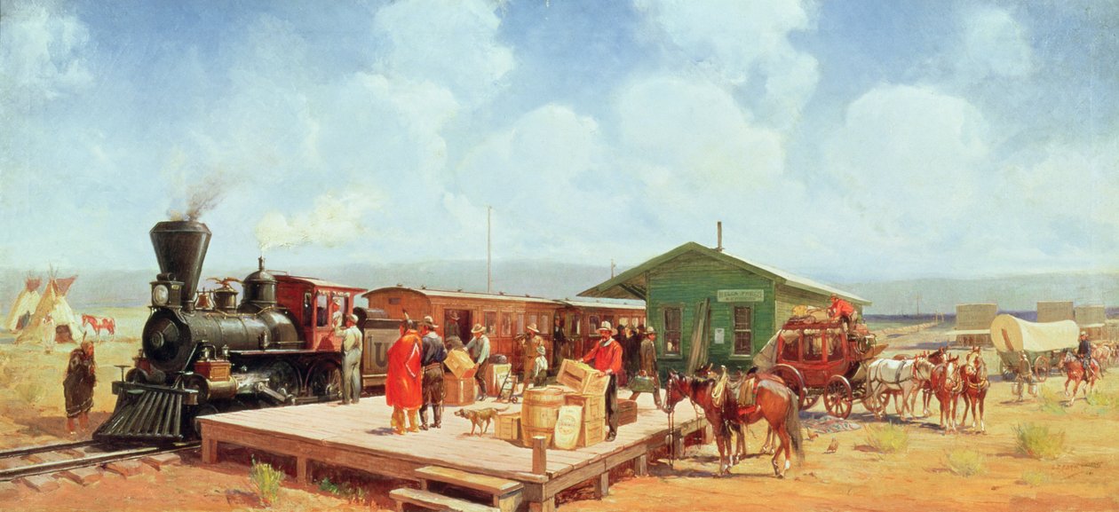Western Railway Station, Frontier Days, ca. 1901 (olie på lærred) af Oscar Edward Berninghaus