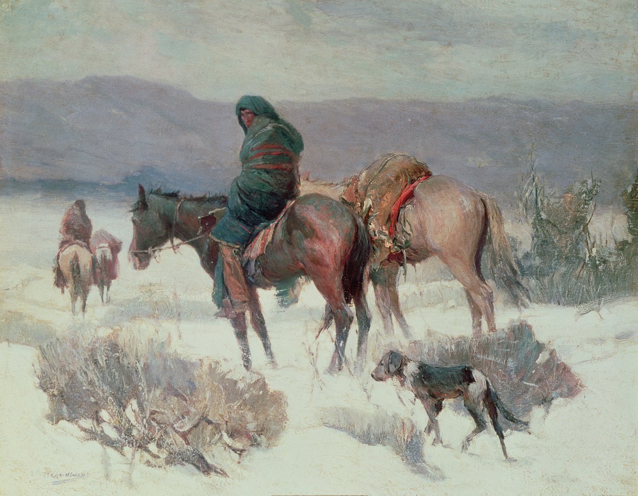 Winter Hunt (olie på lærred) af Oscar Edward Berninghaus