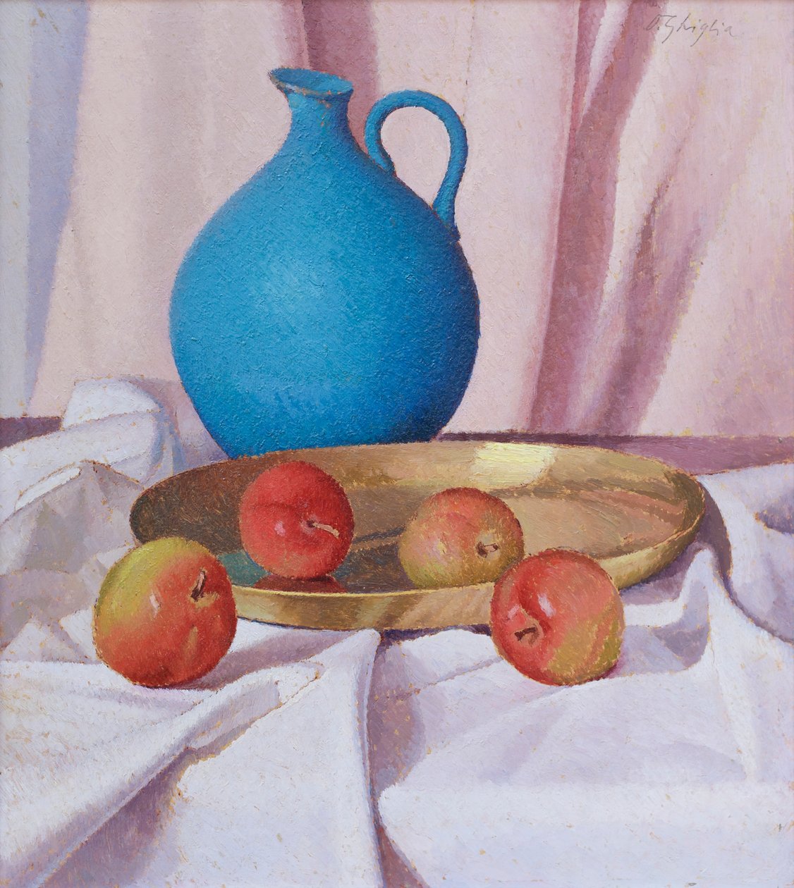 Komposition med æbler og kande, ca. 1940-41 (olie på karton) af Oscar Ghiglia