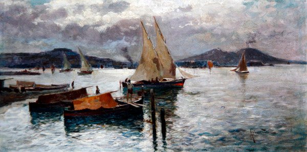 Napoli-bugten, ca. 1900 (olie om bord) af Oscar Ricciardi