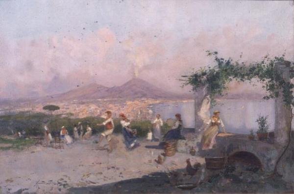 Napoli-bugten med figurer, der danser i forgrunden af Oscar Ricciardi
