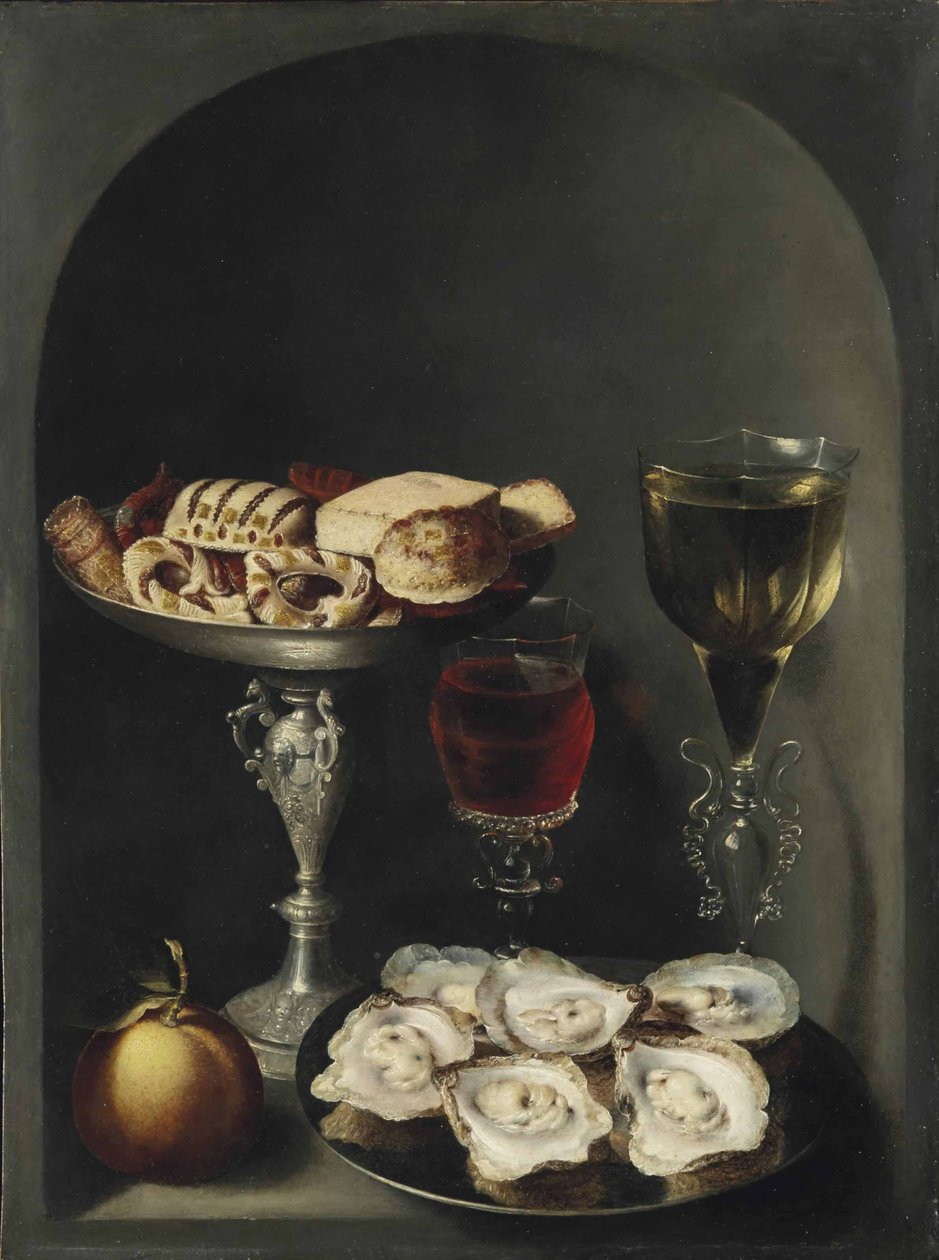 Østers på en tallerken, søde kød og kiks i en sølv tazza, to façon-de-venise vinglas og en appelsin i en niche af Osias the Elder Beert