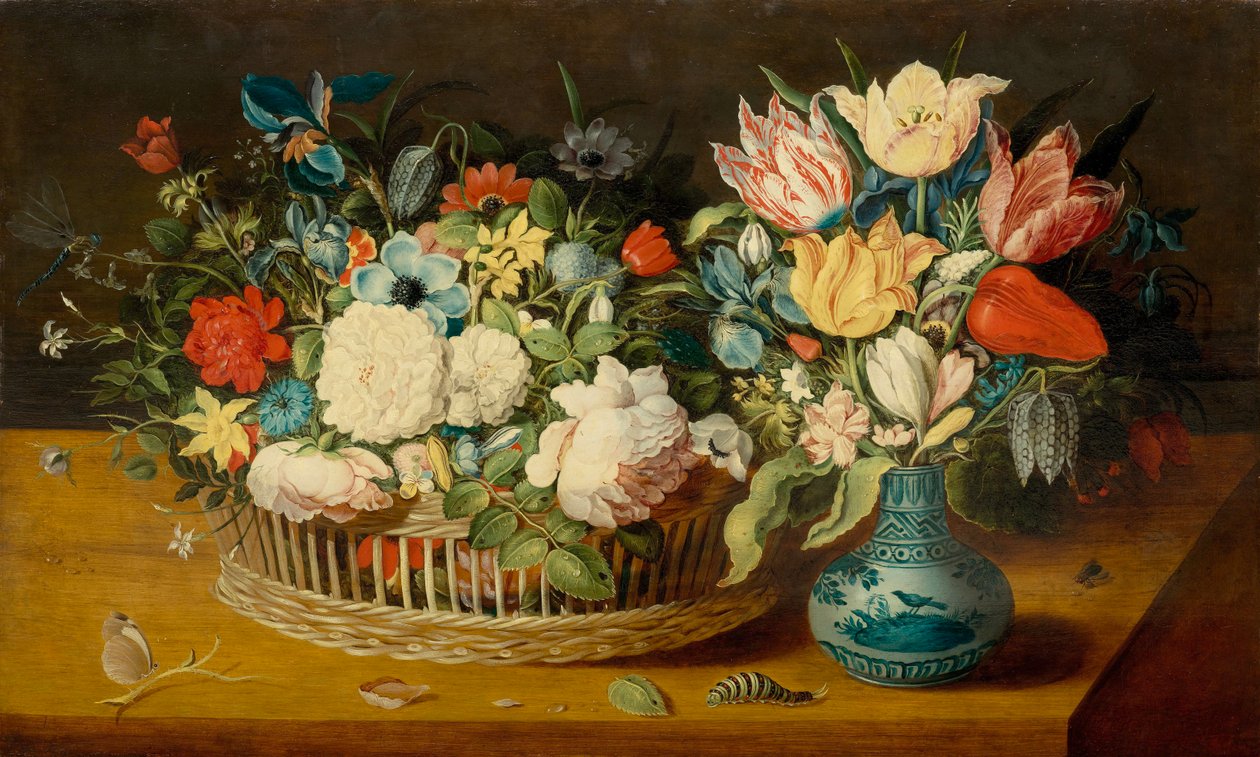 Stilleben med blomster i en kurv og en buket blomster i en porcelænsvase af Osias the Elder Beert