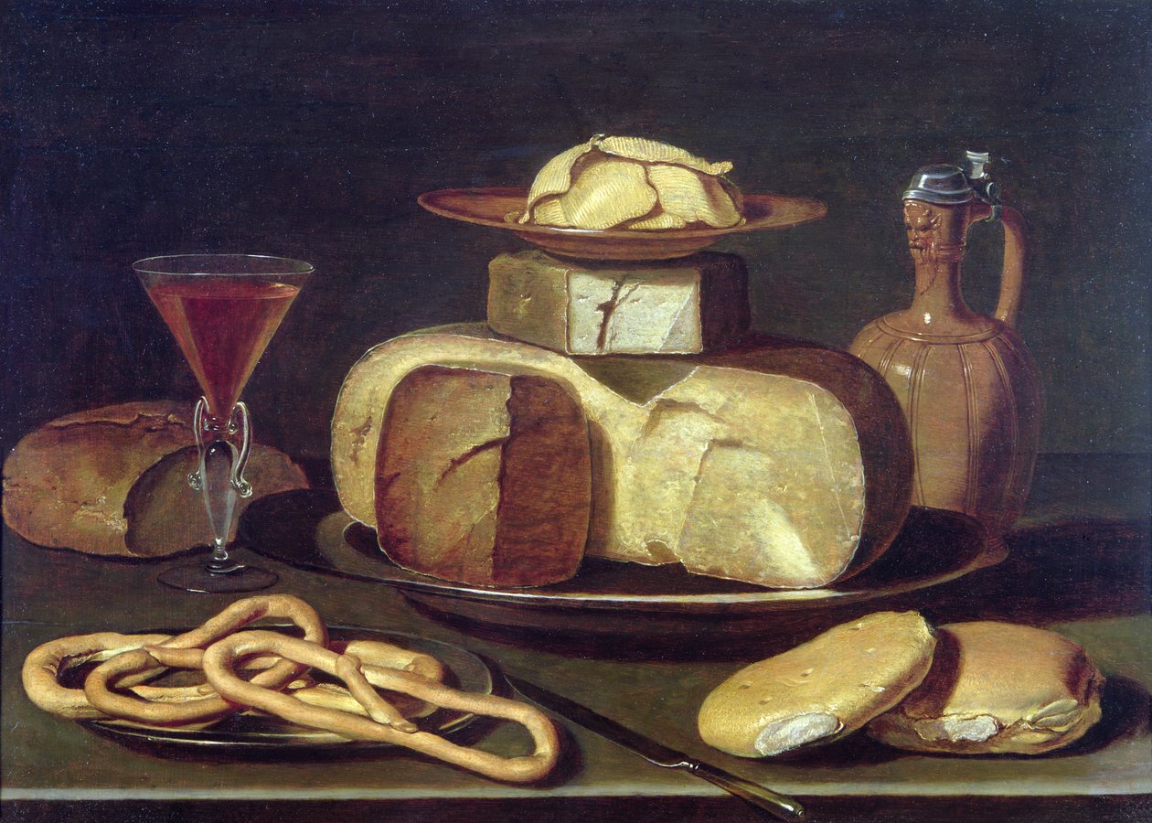 Stilleben med brød, ost, vin og kringler af Osias the Elder Beert