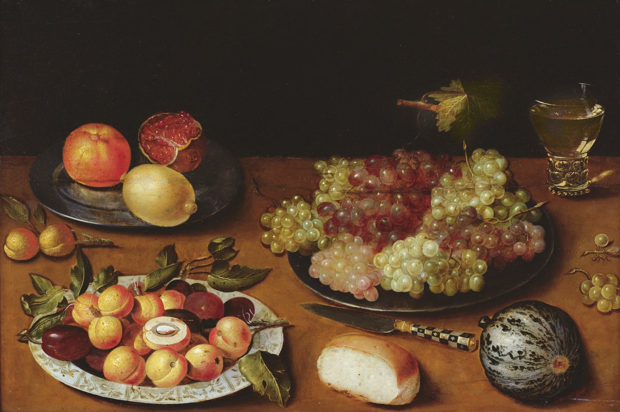Stilleben med druer, granatæbler og abrikoser (olie på træ) af Osias the Elder Beert
