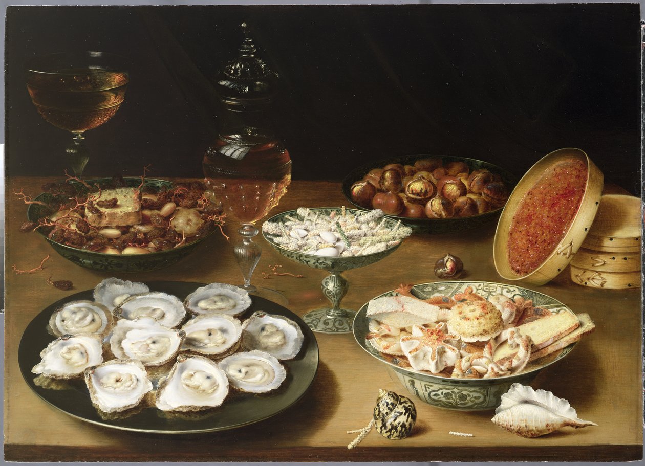 Stilleben med østers, søde kød og ristede kastanjer (panel) af Osias the Elder Beert