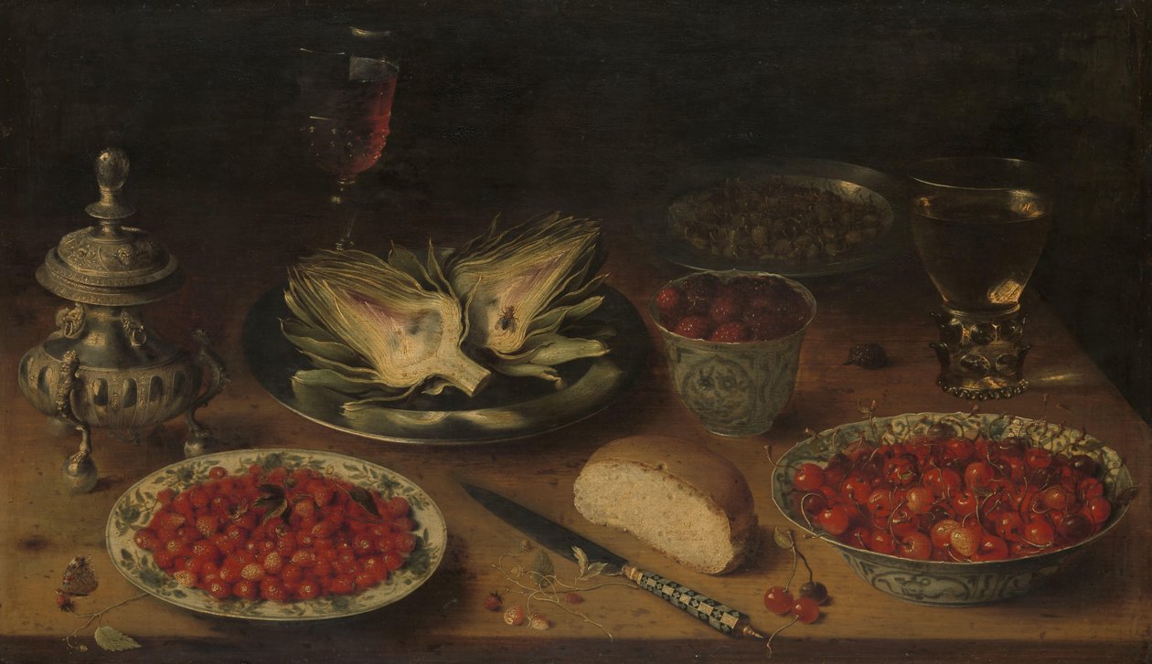 Stilleben med artiskok, frugt i Kraak porcelænsvarer, en saltkælder/peber-castor af Osias Beert (I)