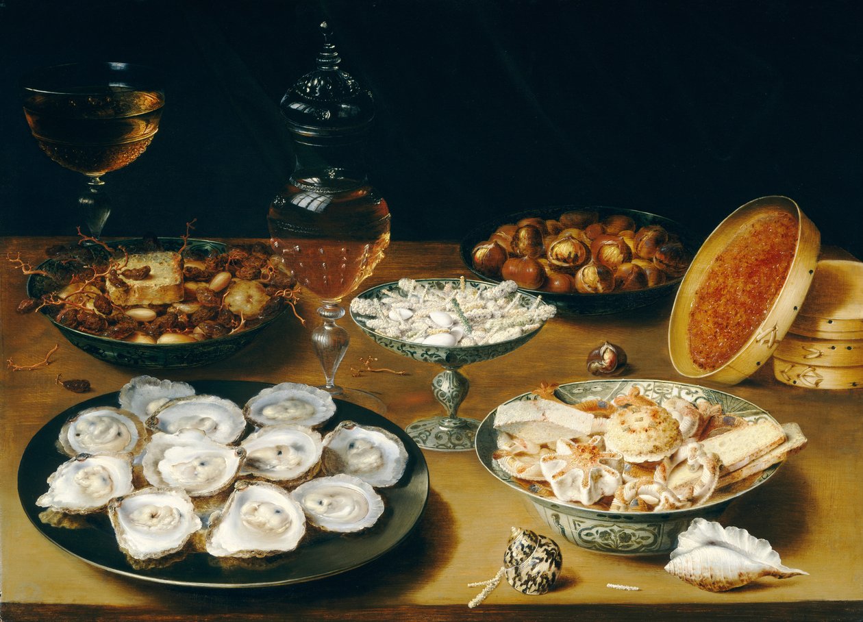 Retter med østers, frugt og vin, ca. 1620-25 (olie på panel) af Osias the Elder Beert