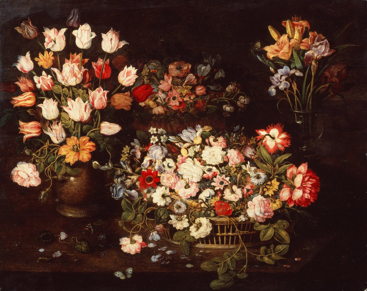 Fire vaser med et udvalg af blomster (olie på panel) af Osias the Elder Beert