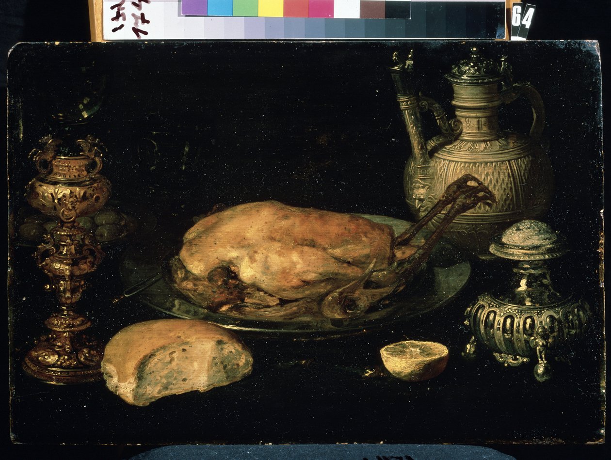 ""Stilleben af ​​kylling, citron, brød, sølvtøj og olielampe"" (Stilleben) Maleri af Osias Beert den ældre (1580-1624) Mikhail Kroshitsky kunstmuseum fra det 17. århundrede, Sevastopol (Sevastopol) Ukraine af Osias the Elder Beert