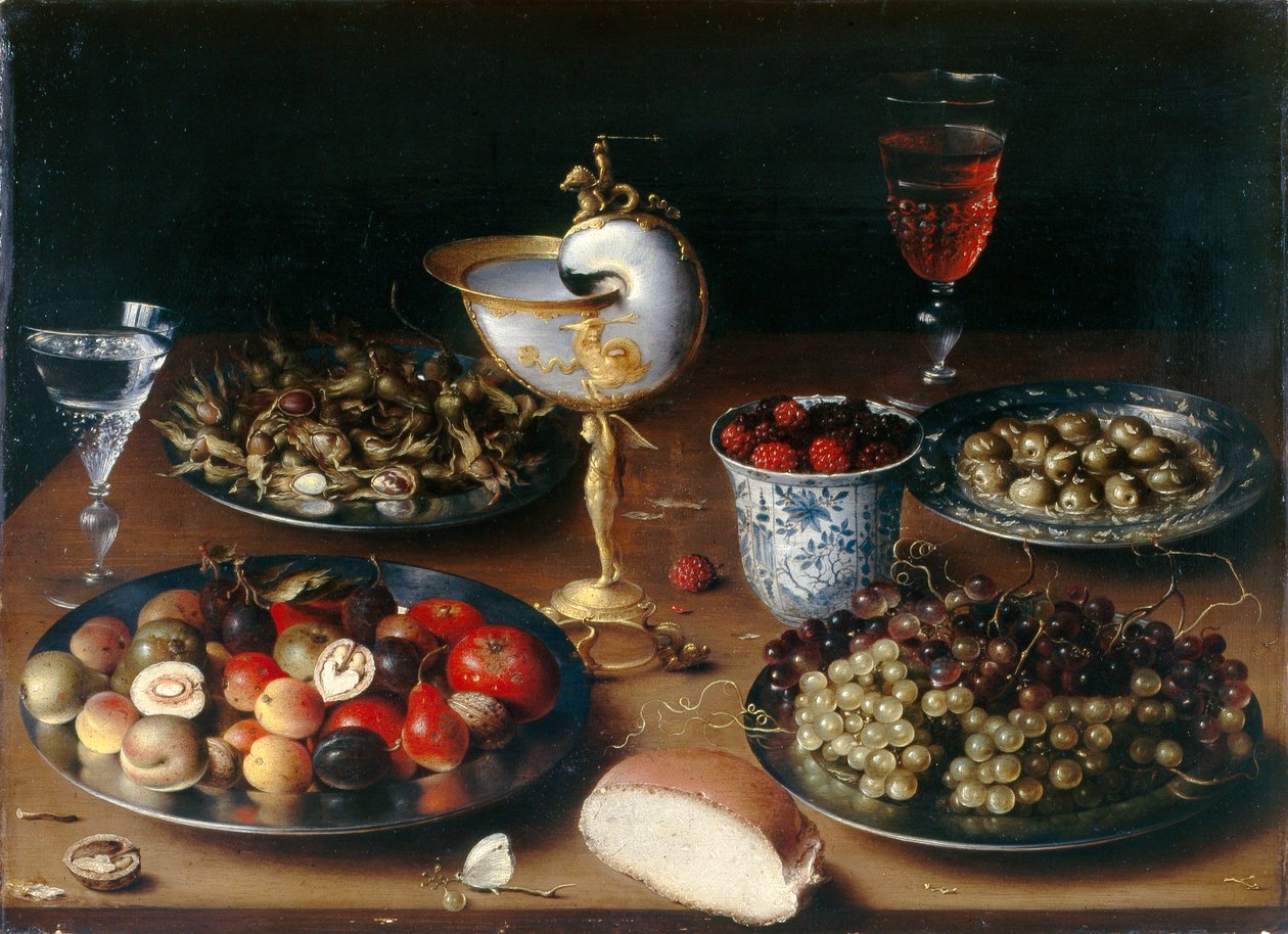 Stilleben med Nautilus-bæger, frugt, nødder og vin, ca. 1610 (olie på egetræspanel) af Osias the Elder Beert