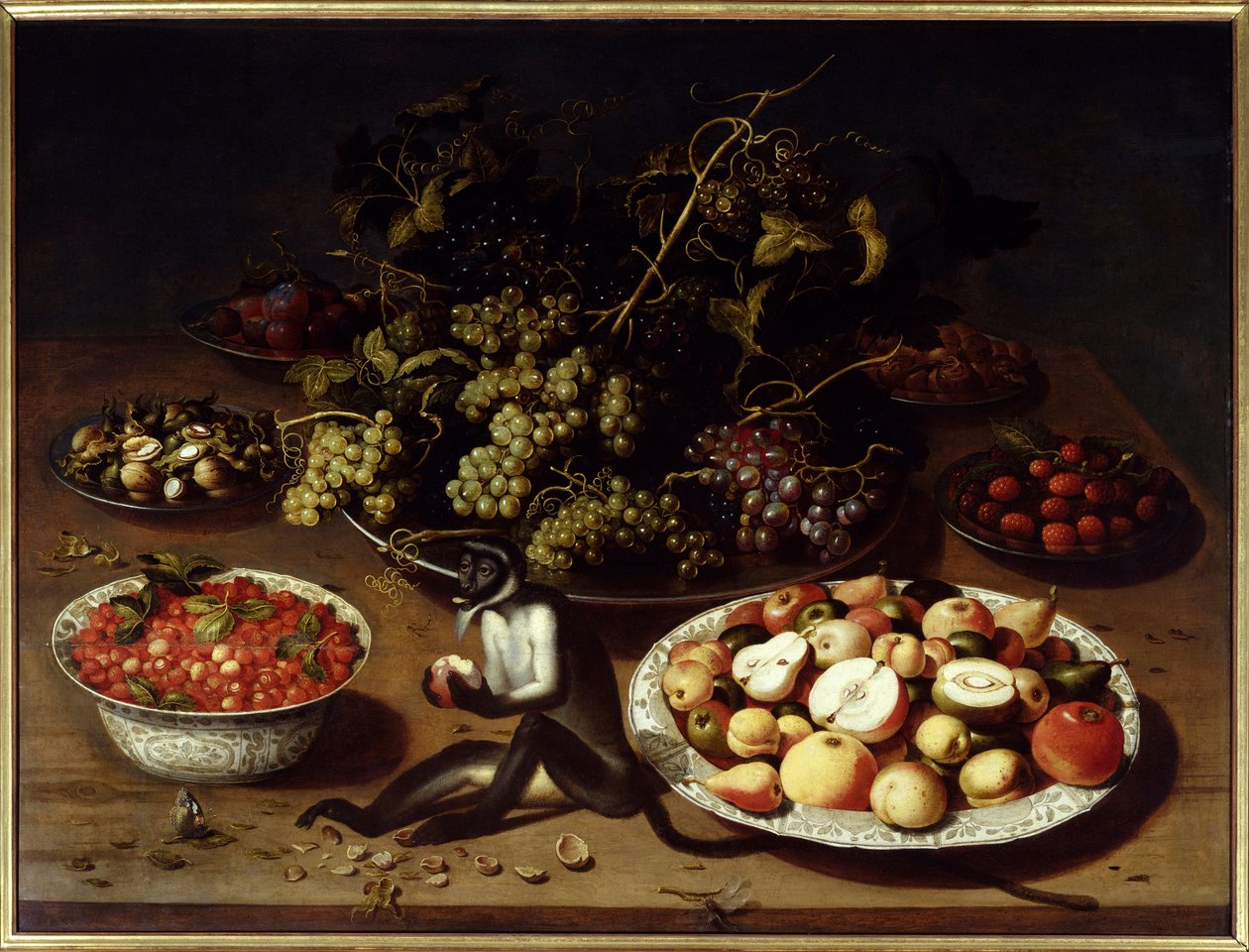 Stilleben af frugt med abe og sommerfugle. Maleri af Osias I Beert (1570-1624) Ec. Flam. af Osias the Elder Beert
