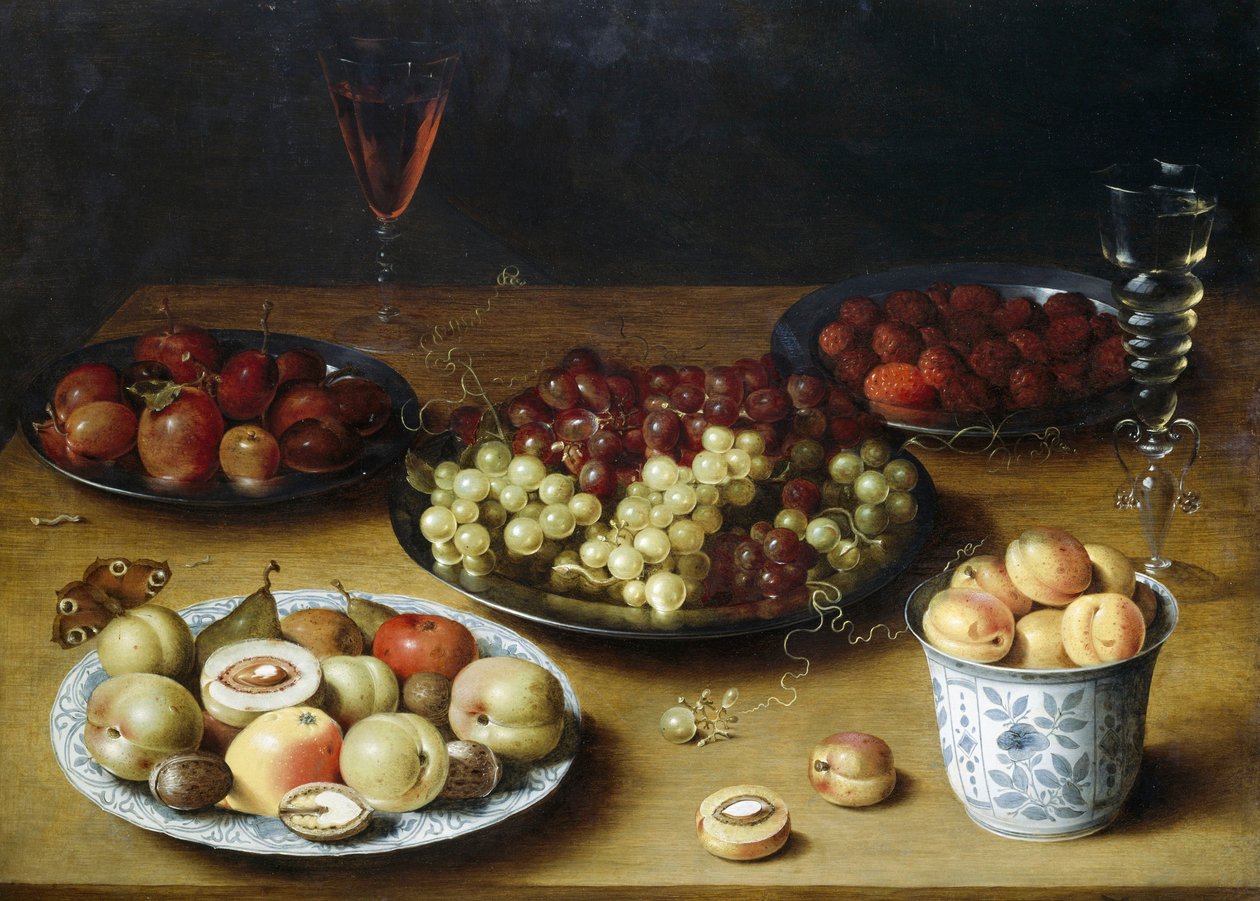 Stilleben med frugt og glas, af Osias Beert (1580-1624), olie på træ af Osias the Elder Beert