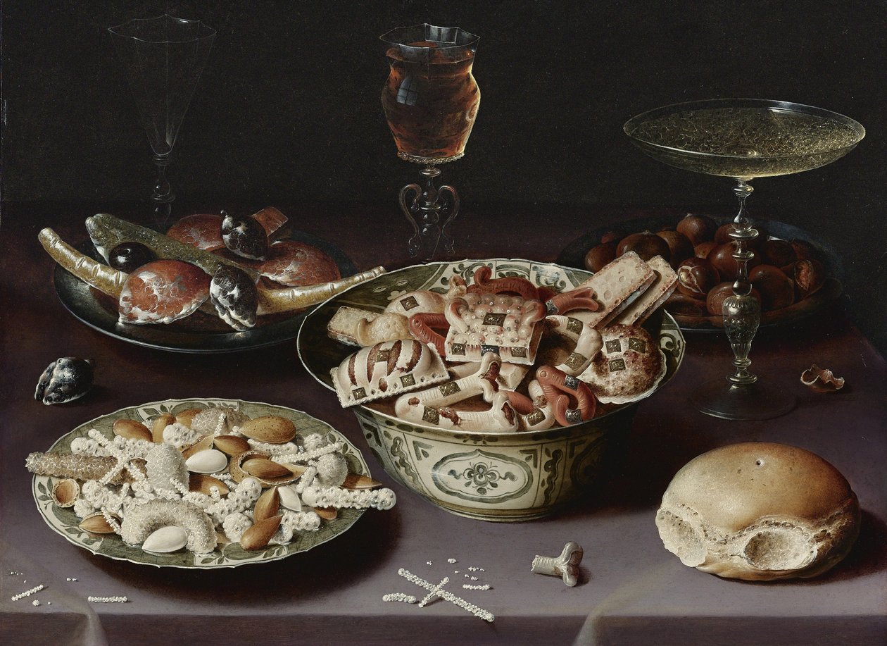 Stilleben med slik, kastanjer og et rundstykke af Osias the Elder Beert