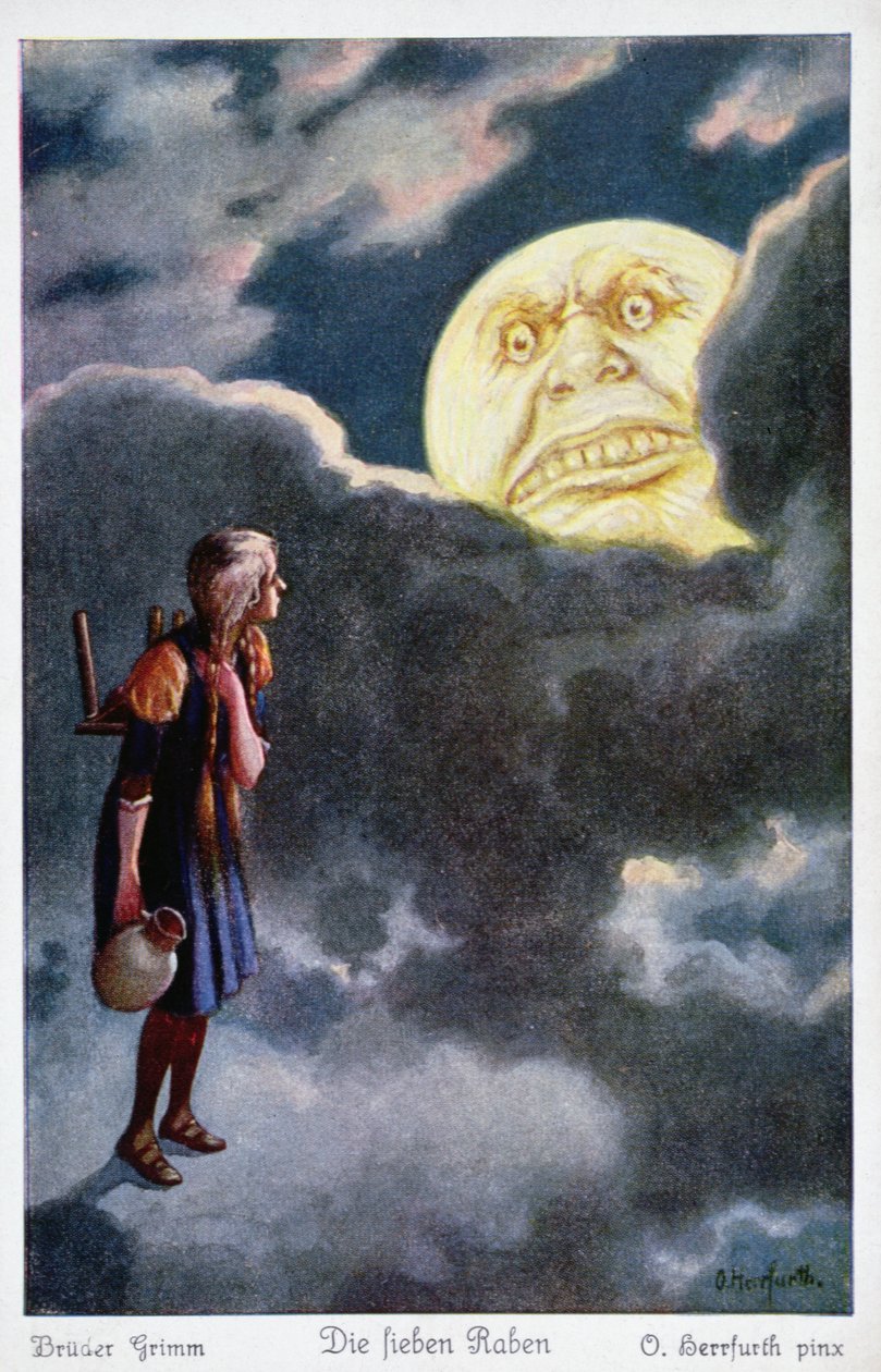 Månen truer med at æde den unge pige, der forsøger at redde sine brødre, illustration fra De syv ravne af brødrene Grimm af Oskar Herrfurth