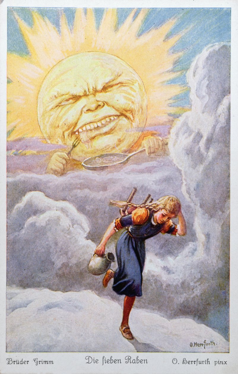 Den unge pige på sin rejse for at redde sine brødre, flygter fra solens ekstreme varme, som truer med at lave mad og spise hende, illustration fra De syv ravne af brødrene Grimm af Oskar Herrfurth