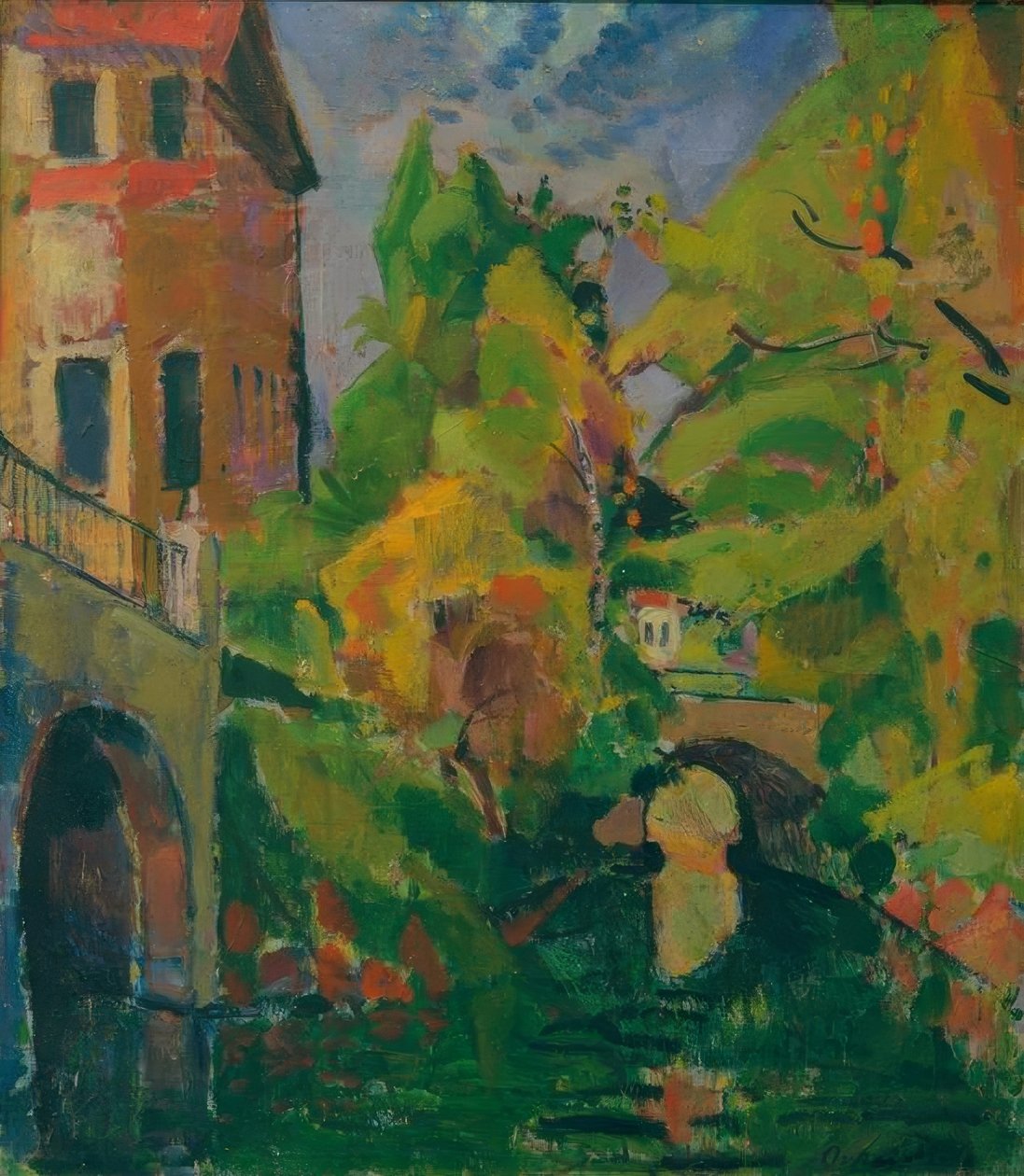 Königsalleebrücke med bådehus af Oskar Moll