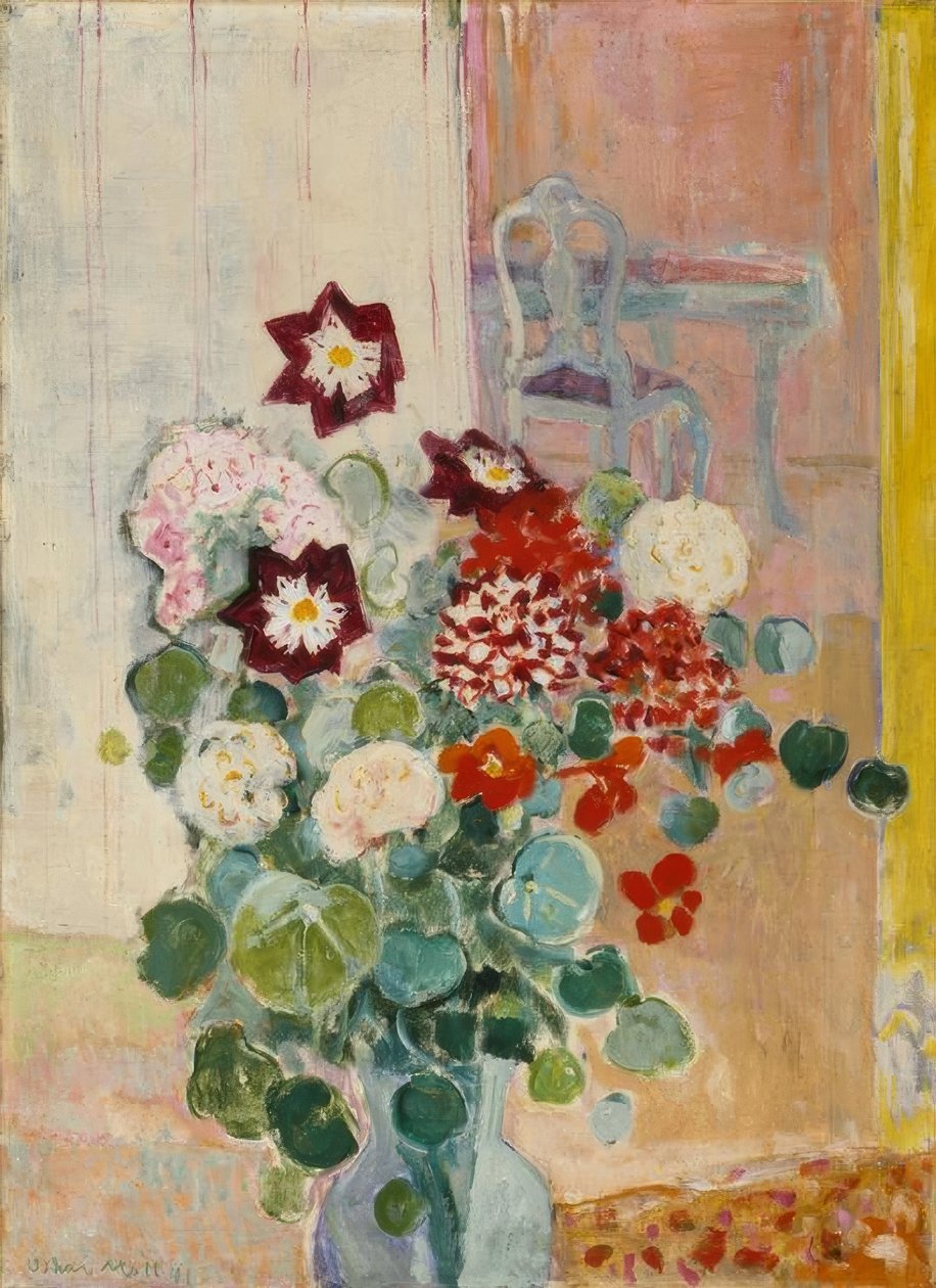 Buket blomster med dahliaer og karse af Oskar Moll