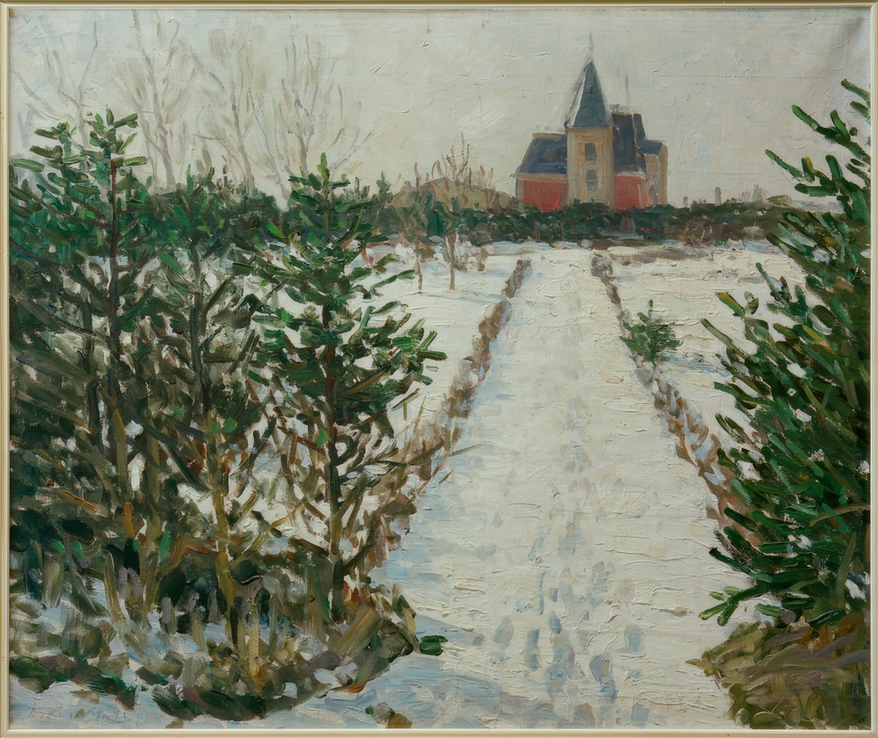 Snelandskab med slot / kirke af Oskar Moll