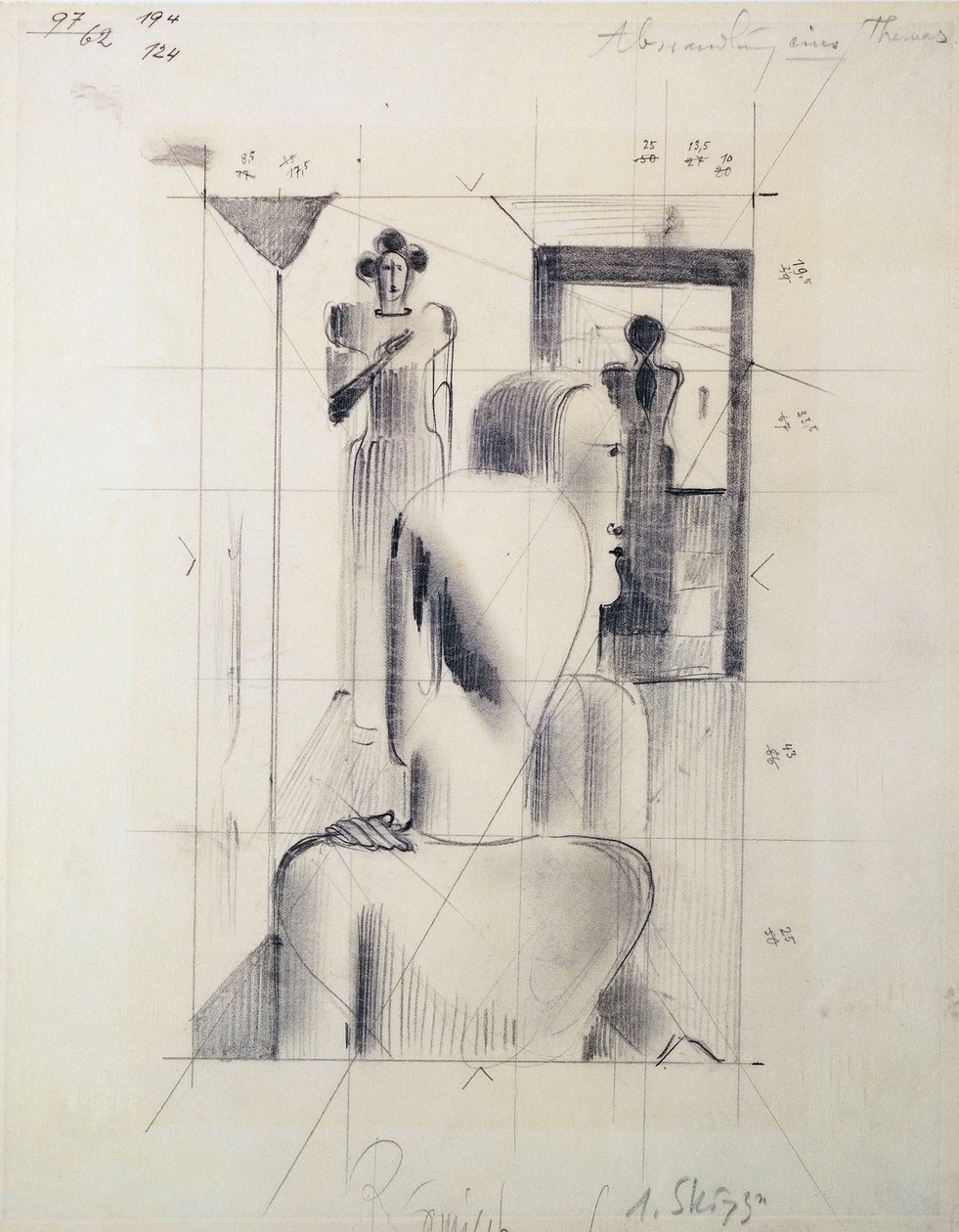 Figurer i et rum, af Oskar Schlemmer (1888-1943), blyant på papir. Tyskland, det 20. århundrede. af Oskar Schlemmer
