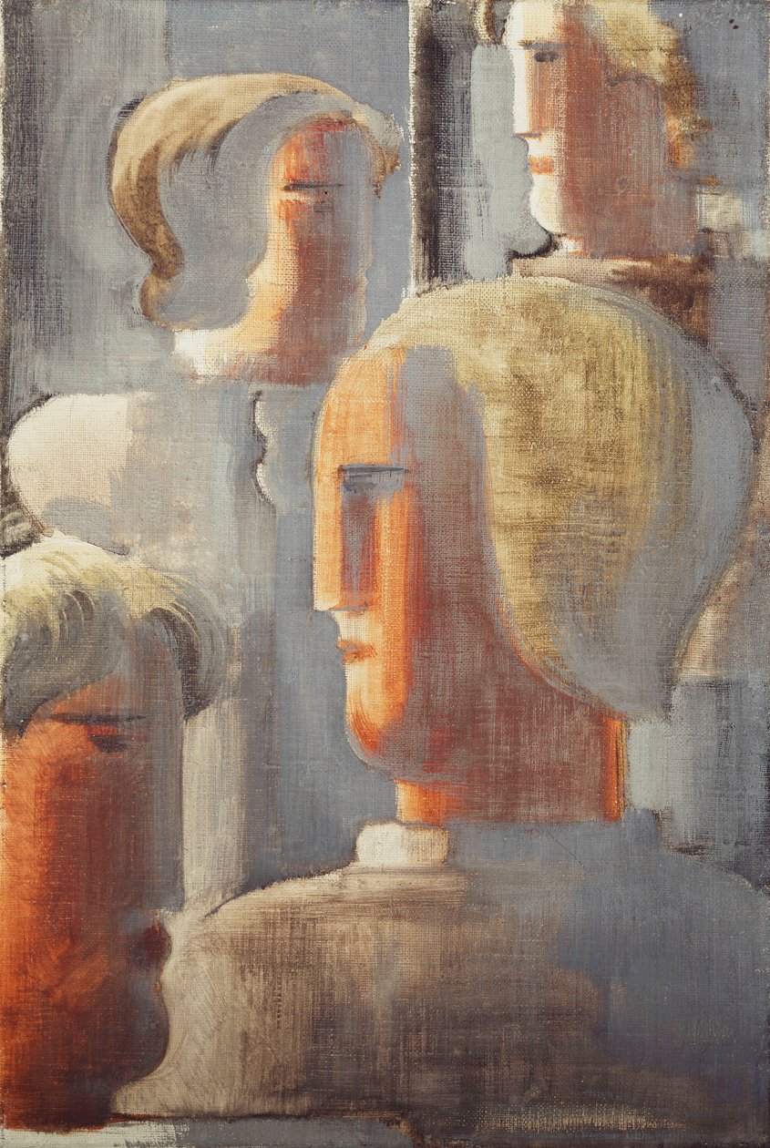 Gruppe af fire hoveder gråblå, Folkwang-studie III; Fire gruppe af hoveder grå-blå, Folkwang Study III af Oskar Schlemmer
