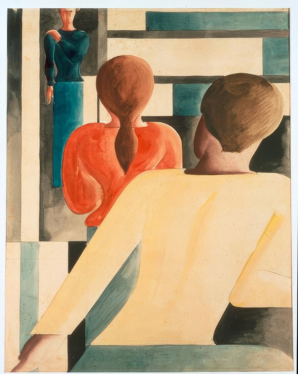 Interiør i blå, gul og rød af Oskar Schlemmer