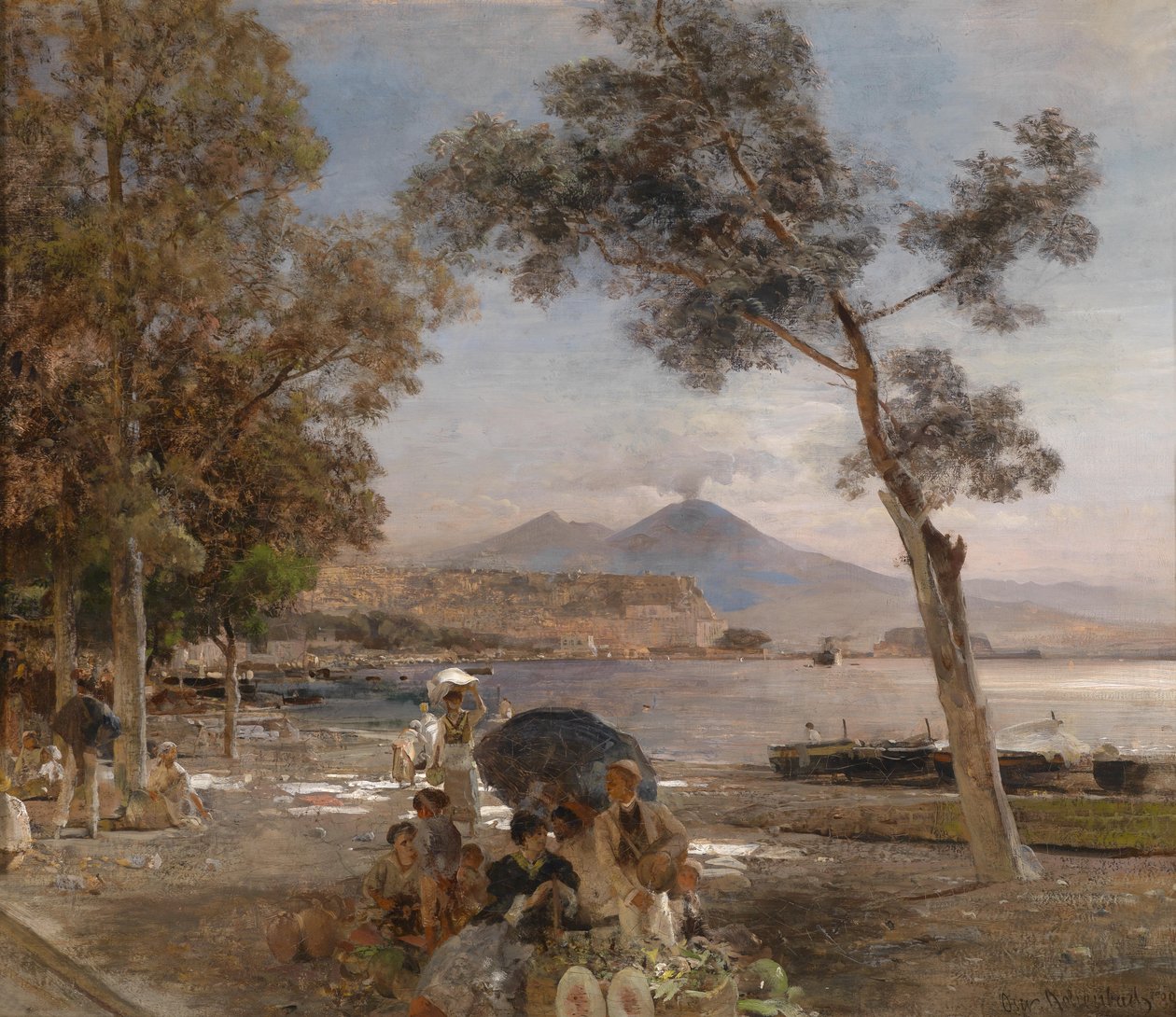 Aftenstemning ved Napolibugten med Vesuv i baggrunden af Oswald Achenbach