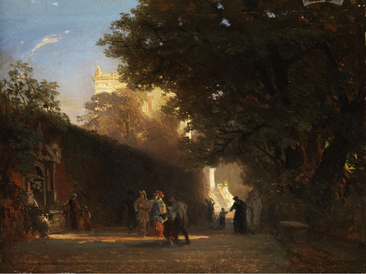 Italiensk villa og park med ædelt selskab og præster af Oswald Achenbach