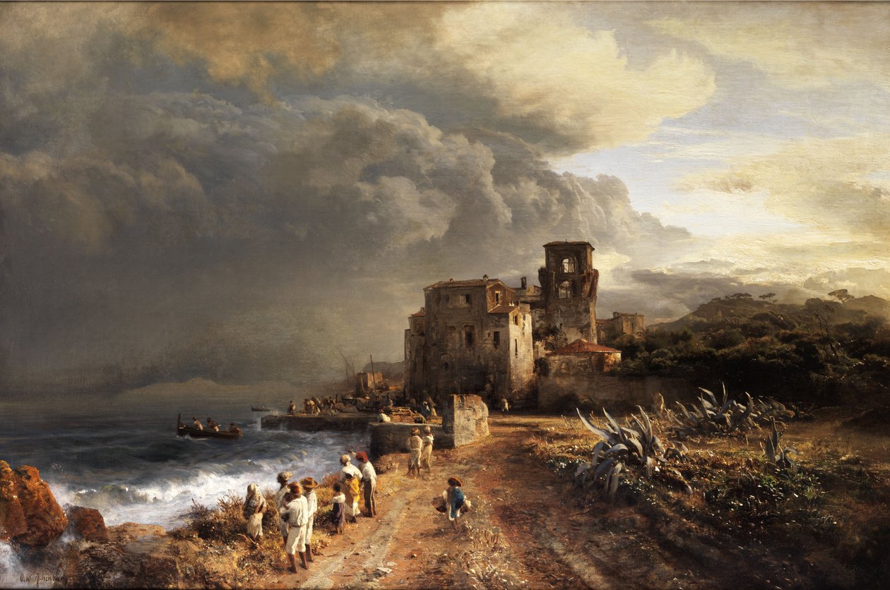 Skraveret landskab ved havet med figurpersonale af Oswald Achenbach