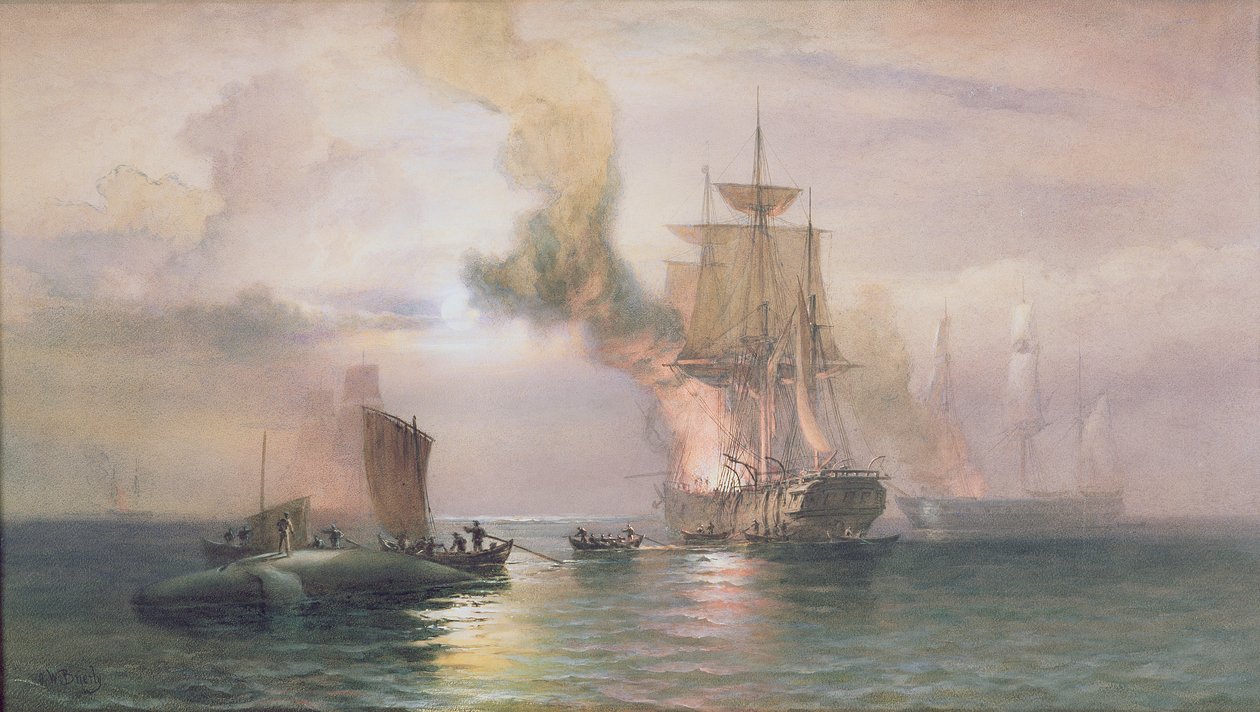 South Sea hvalfangere kogende spæk, med hval ved siden af, ca. 1875-85 af Oswald Walters Brierly
