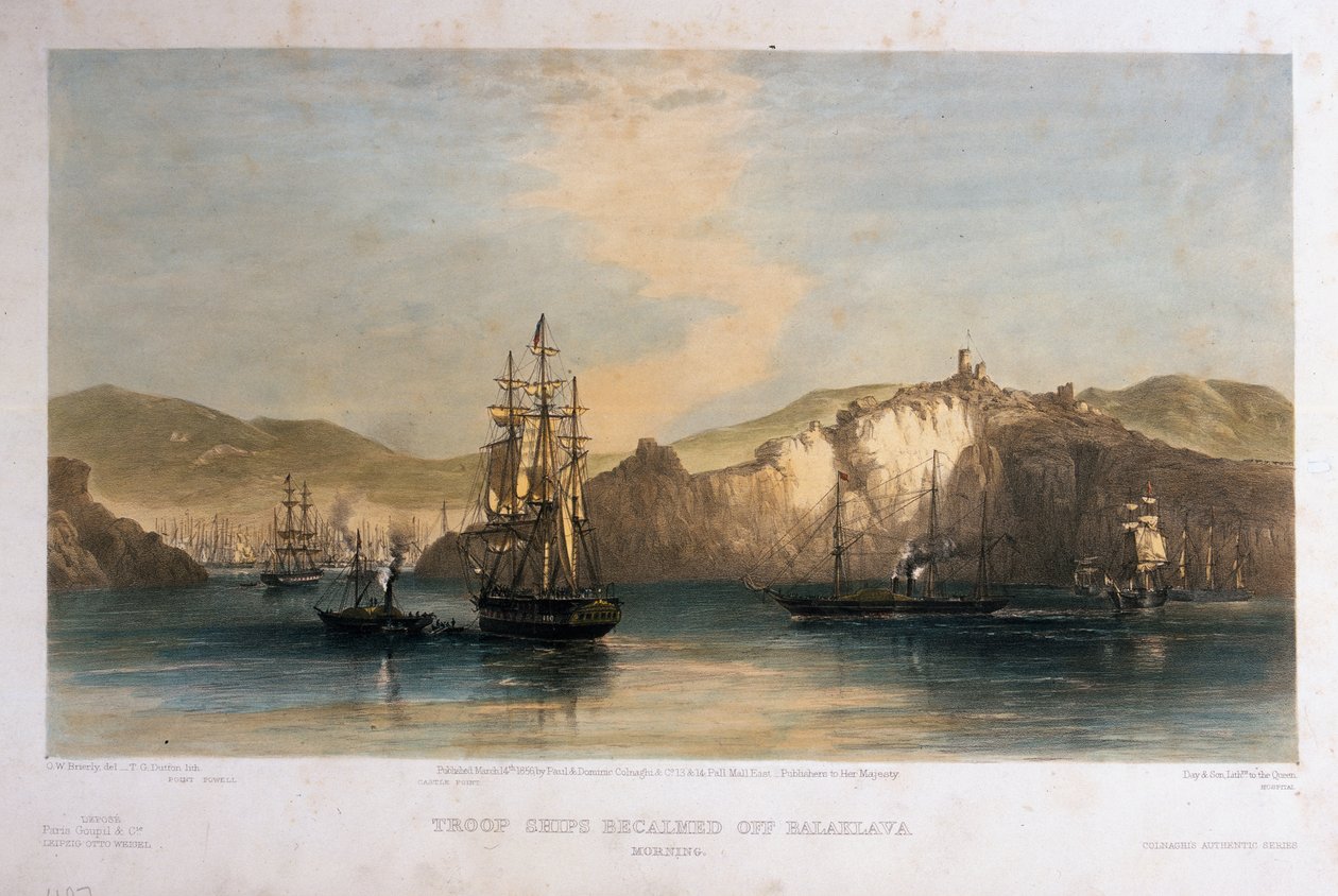 Troppeskibe beroligede ud for Balaklava, Morgen, indgraveret af T.G. Dutton, udgivet af Colnaghi und Co., 1855 af Oswald Walters Brierly