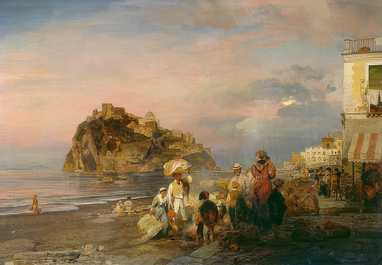 Aftenstrand nær Ischia. 1879 af Oswald Achenbach