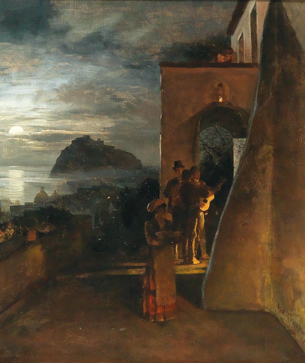 Aftenserenade på Ischia, Castello Aragonese i baggrunden af Oswald Achenbach