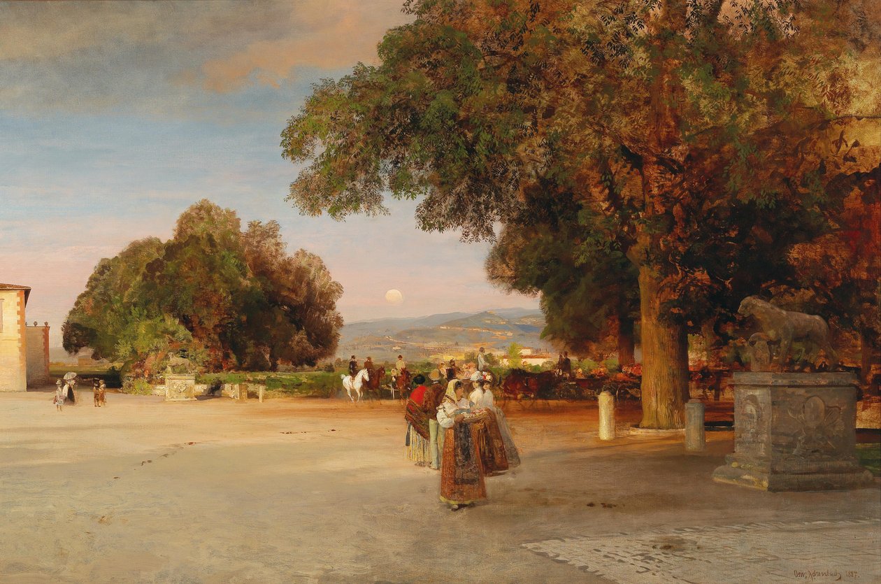Fransk: Promeneurs sur la terrasse de la Villa Grazioli à Grottaferrata Scene i skumringen på terrassen ved Villa Grazioli i Grottaferrata af Oswald Achenbach